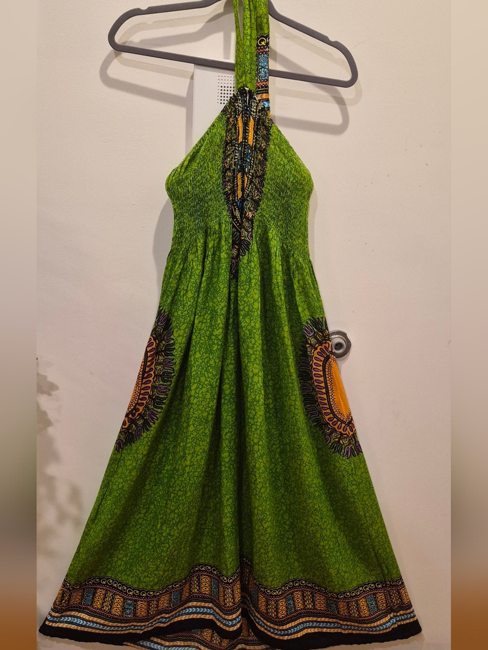 Advance Apparels Bright Green Maxi Skirt with Orange Medallion Accents